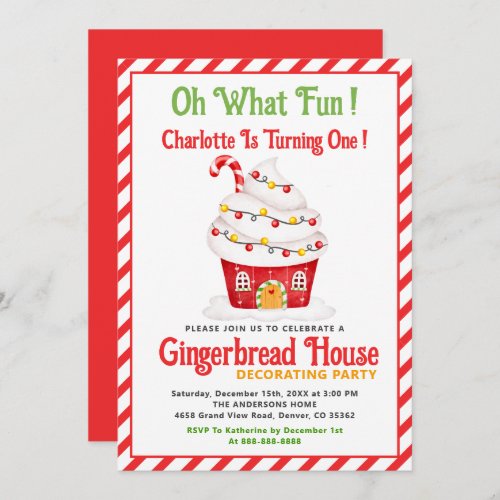 Oh What Fun Gingerbread Candy Cane 1st Birthday Invitation