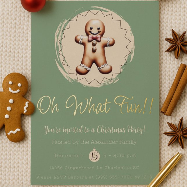 Oh What Fun Gingerbread Man Holiday Party | Green Foil Invitation (Green Oh What Fun Gingerbread Man Holiday Party Invitation)