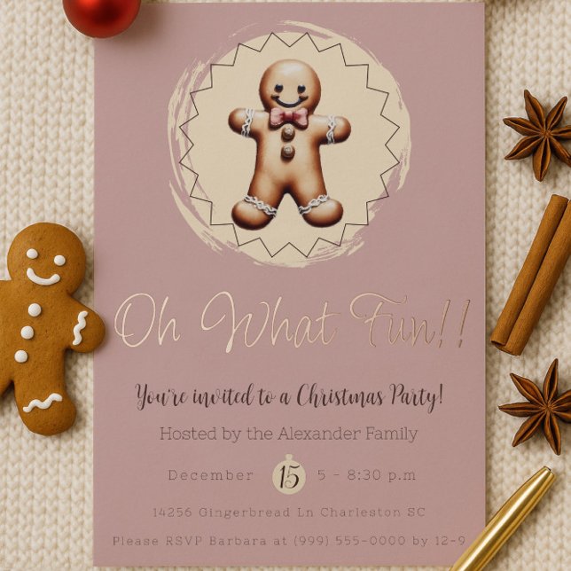 Oh What Fun Gingerbread Man Holiday Party | Pink Foil Invitation (Pink Oh What Fun Gingerbread Man Holiday Party Invitation)