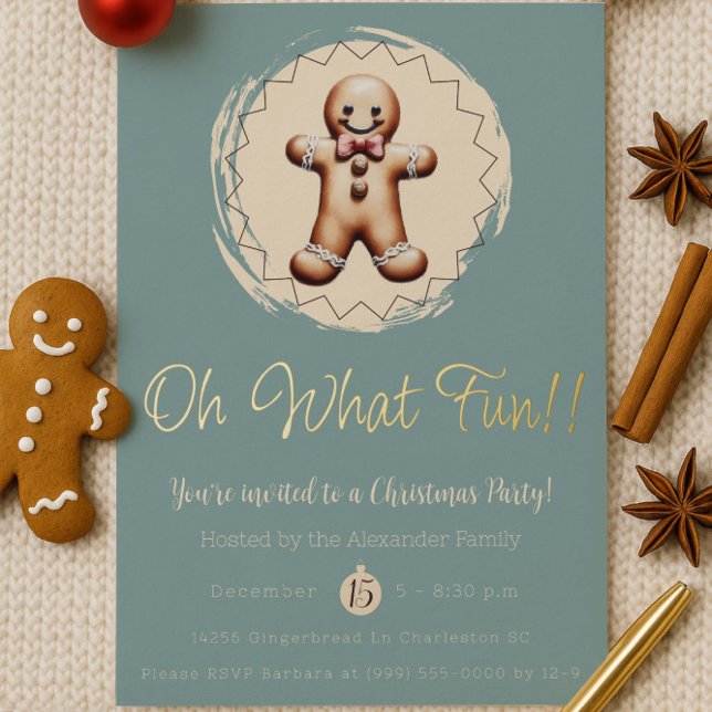 Oh What Fun Gingerbread Man Holiday Party | Teal Foil Invitation (Teal Oh What Fun Gingerbread Man Holiday Party Invitation)