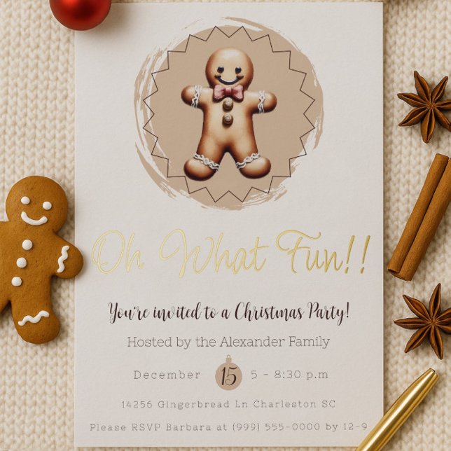 Oh What Fun Gingerbread Man Holiday Party | White Foil Invitation (White Oh What Fun Gingerbread Man Holiday Party Invitation)