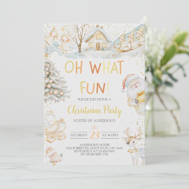 Oh What Fun Gold Christmas Party Invitation (Standing Front)