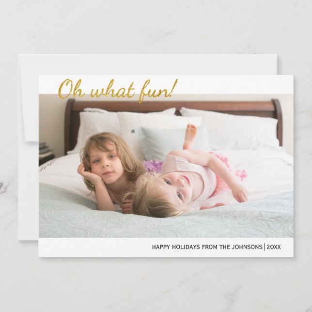 Oh what fun gold glitter Christmas photo Holiday Card (Front)