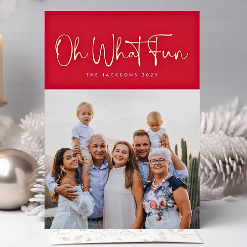 Oh What Fun GOLD Pressed Christmas Red Photo Foil Holiday Card