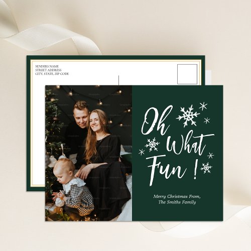 Oh What Fun Green Calligraphy Snowflakes Photo Holiday Postcard