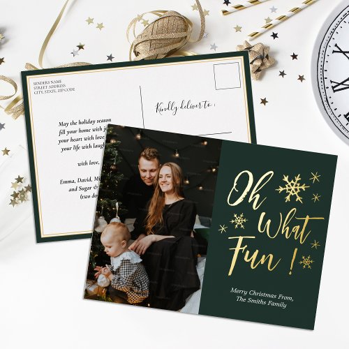 Oh What Fun Green Gold Calligraphy Snowflake Photo Foil Holiday Postcard
