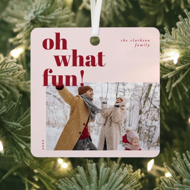 Oh What Fun Happy Holidays Candy Cane Photo Metal Ornament (Insitu)