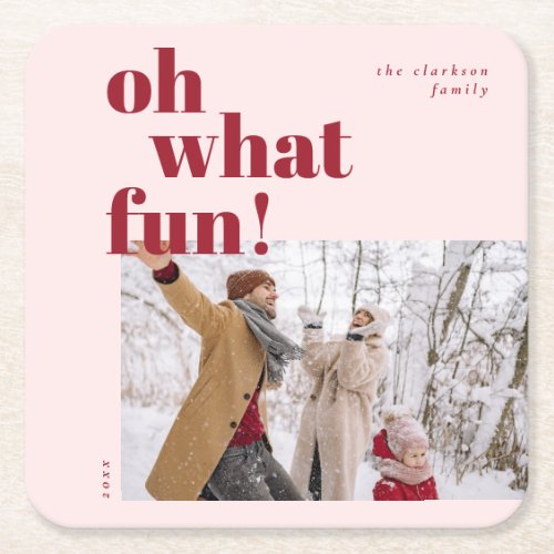Oh What Fun Happy Holidays Candy Cane Photo Square Paper Coaster