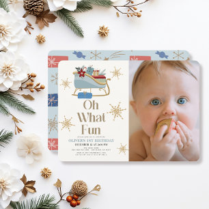 Oh What Fun Holiday Blue Sleigh Photo 1st Birthday Invitation