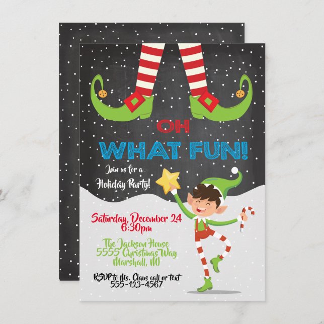 Oh what Fun Holiday Christmas Elf Party invitation (Front/Back)