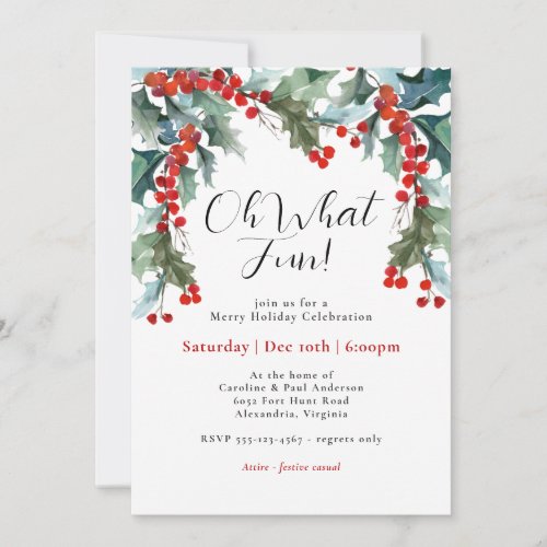 Oh What Fun Holly and Berries Holiday Party Invitation