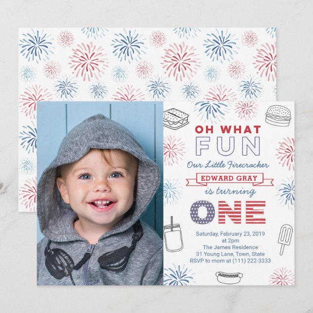 Oh What Fun July 4th American 1st Birthday Party Invitation (Front/Back)
