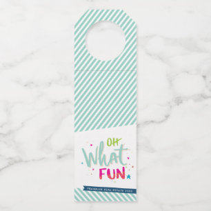 OH WHAT FUN mint stripe bright colorful typography Bottle Hanger Tag