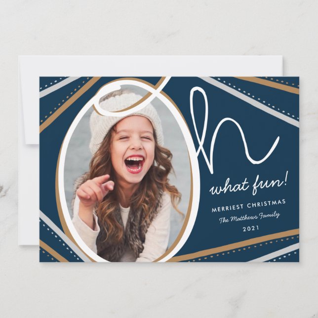 Oh What Fun Modern Colorful Navy Photo Holiday Card (Front)