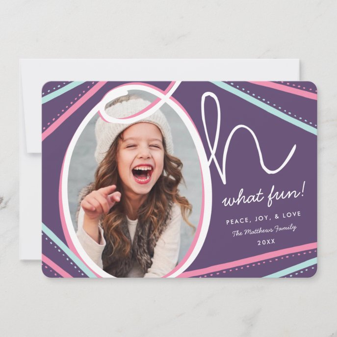 Oh What Fun Modern Colorful Photo Purple Holiday Card