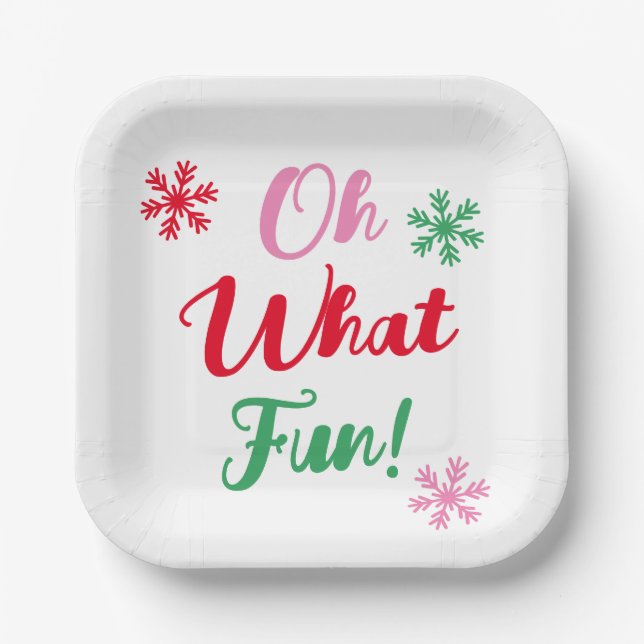 Oh What Fun! Modern Festive Script Christmas Party Paper Plates (Front)