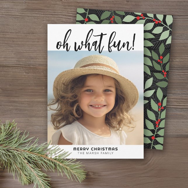 Oh What Fun - Modern Minimal Gallery Photo - black (A modern, minimal Christmas card with a large script over photo and a striking botanical pattern.)