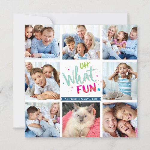 OH WHAT FUN modern multi 8 photo instagram squares Holiday Card