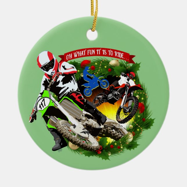 Oh What Fun Motocross Christmas Ceramic Ornament (Front)