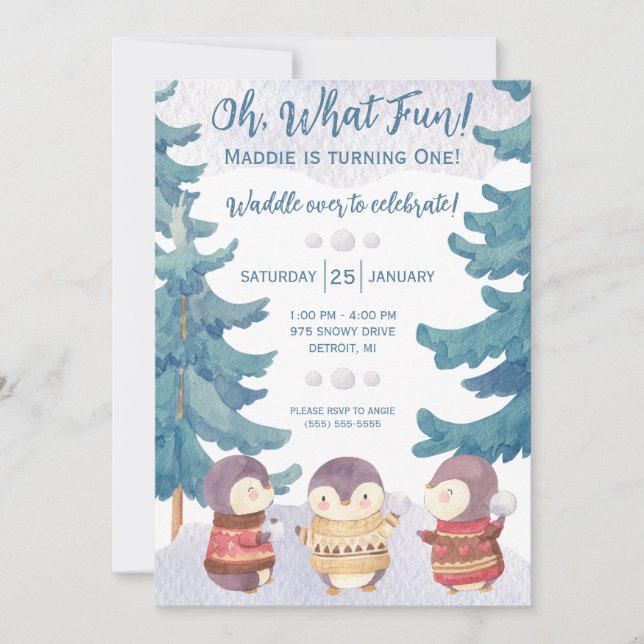 Oh What Fun!  Penguin Snowball Fight Birthday  Invitation (Front)