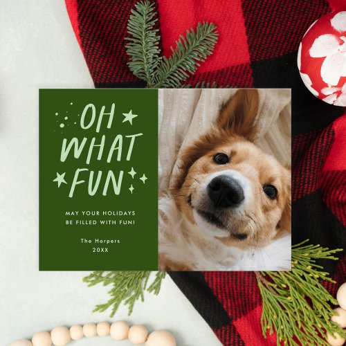 Oh What Fun Pets Photo Christmas Green Holiday Card