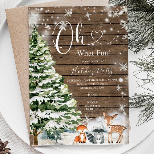Oh What Fun Pine Trees Christmas Animal Wood Invitation
