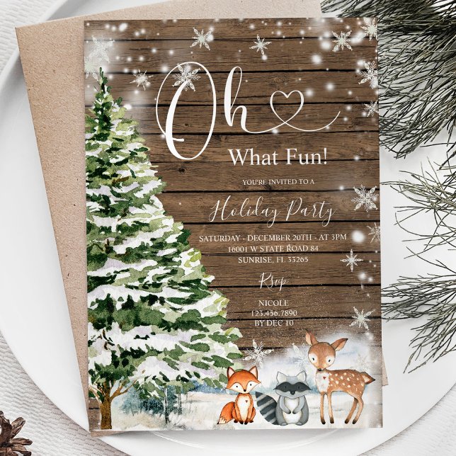 Oh What Fun Pine Trees Christmas Animal Wood Invitation (Creator Uploaded)