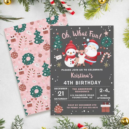 Oh What Fun Pink Black Christmas Birthday Party Invitation