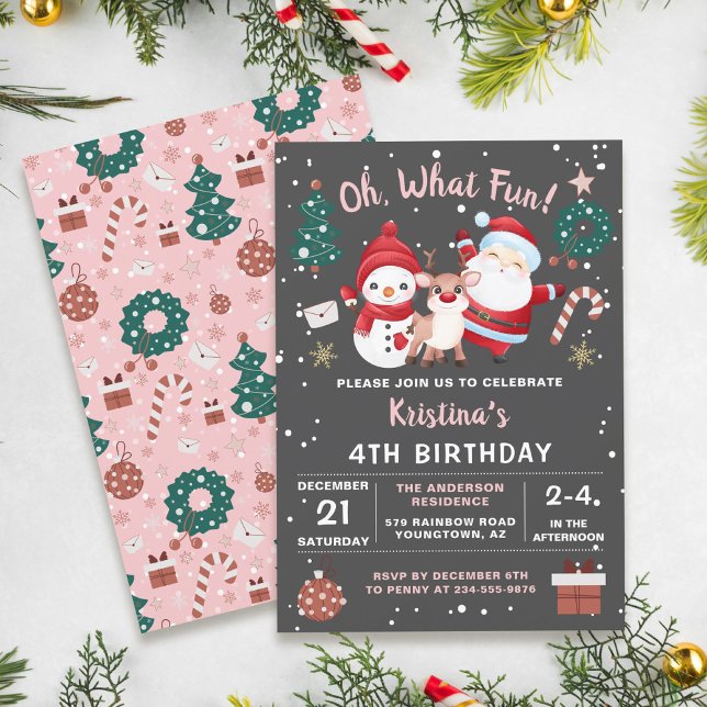 Oh What Fun Pink Black Christmas Birthday Party Invitation (Creator Uploaded)