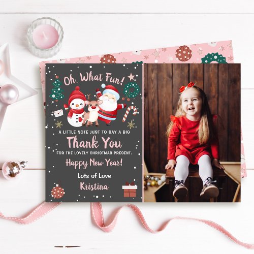 Oh What Fun Pink Black Christmas Party Photo Thank You Card