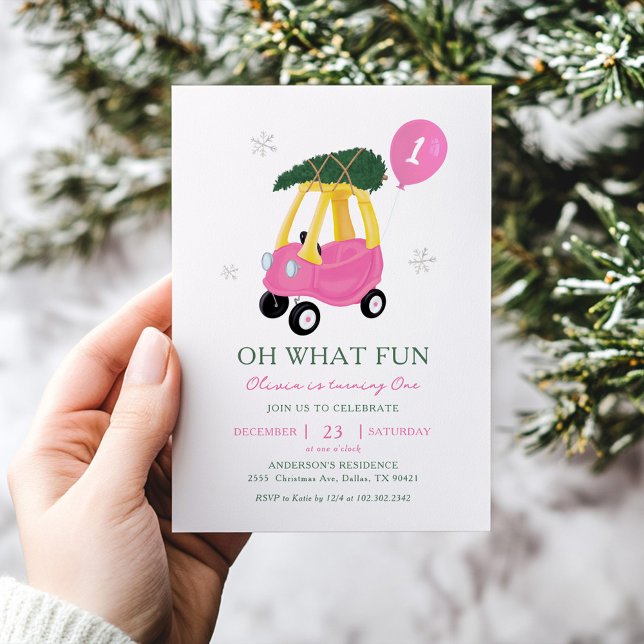 Oh What Fun Pink Car Girl 1st Birthday Invitation (Creator Uploaded)