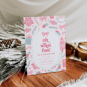 Oh What Fun Pink Christmas 1st Birthday Invitation