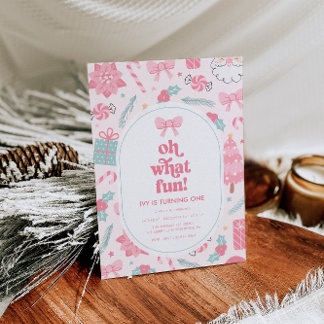 Oh What Fun Pink Christmas 1st Birthday Invitation