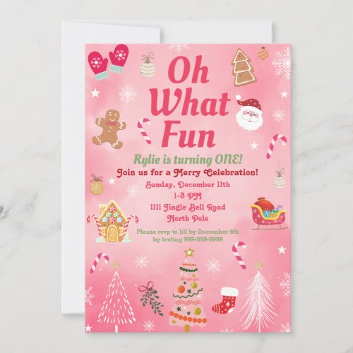 Oh What Fun Pink Christmas Birthday Invitations