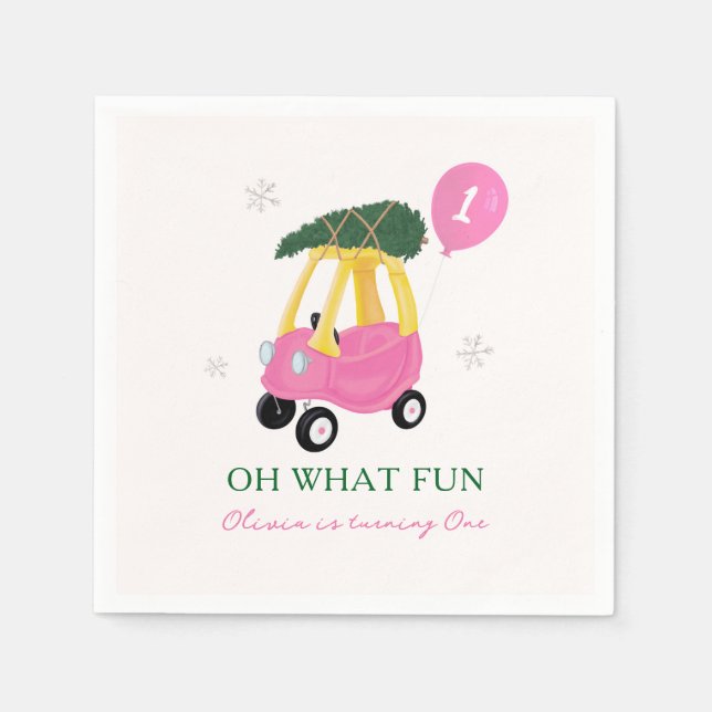 Oh What Fun Pink Christmas Car 1st Birthday Party  Napkins (Front)