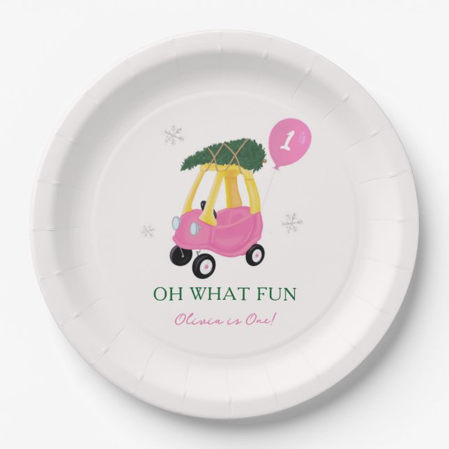 Oh What Fun Pink Christmas Car 1st Birthday Party  Paper Plates (Front)