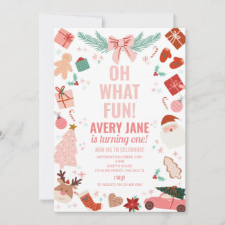 Oh What Fun Pink Christmas Winter 1st Birthday Invitation