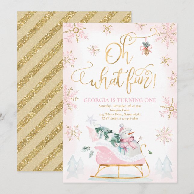 Oh What Fun Pink & Gold Winter Sleigh Birthday Invitation (Front/Back)