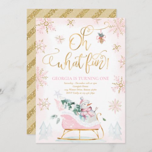 Oh What Fun Pink  Gold Winter Sleigh Birthday Invitation