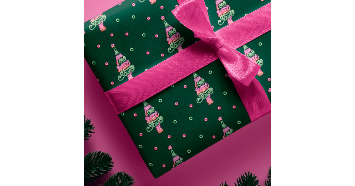 Hot Pink Winter Christmas Tree & Snowflakes Wrapping Paper, Zazzle