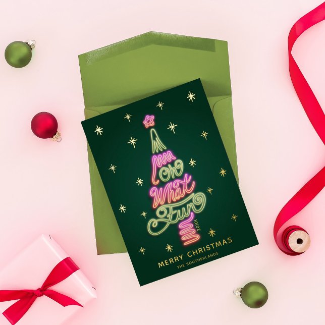 Oh What Fun Pink & Green Neon Sign Christmas Tree Foil Holiday Card (Creator Uploaded)
