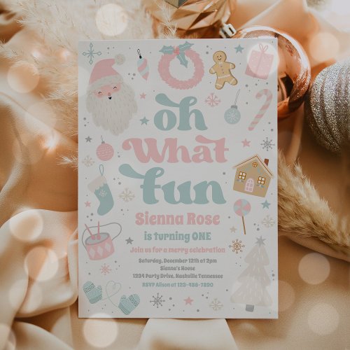 Oh What Fun Pink Pastel Christmas Birthday Party Invitation