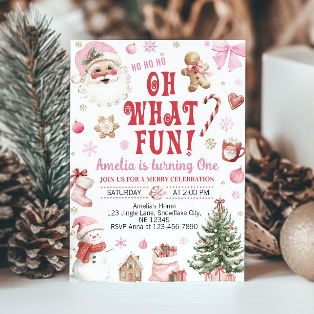 Oh What Fun Pink Santa Christmas 1st Birthday Invitation (Creator Uploaded)