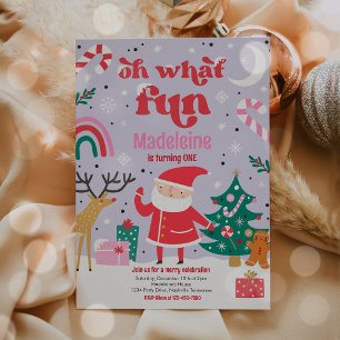 Oh What Fun Pink Santa Christmas Birthday Party Invitation
