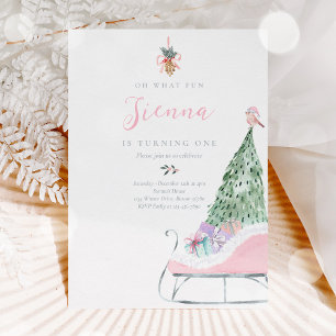 Oh What Fun Pink & Silver Winter Sleigh Birthday Invitation