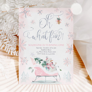 Oh What Fun Pink & Silver Winter Sleigh Birthday Invitation
