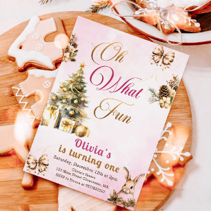Oh What Fun Pink Winter Christmas Tree Birthday Invitation