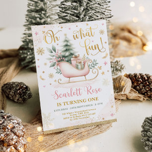 Oh What Fun   Pink Winter Wonderland 1st Birthday  Invitation