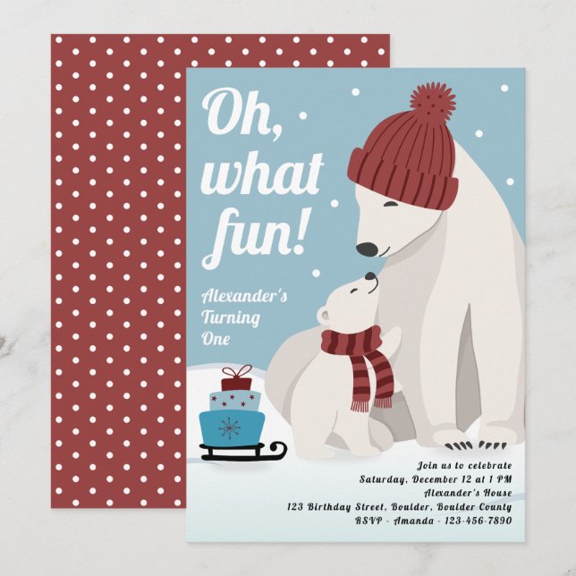 Oh What Fun Polar Bear Boy's 1st Birthday Invitation (Front/Back)