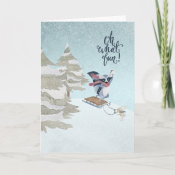 Oh What Fun Raccoon And Rabbit Christmas Card by SueshineStudio at Zazzle